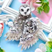 Handmade Barn Owl Brooch, Embroidered Crystal Bird Pin