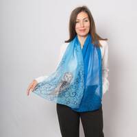 Hand Painted Owl Scarf Blue Silk Chiffon Bird Scarf Owl Gift