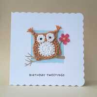 Handmade Birthday Owl Card, Crochet Applique. CUSTOMISE and personalise.