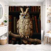 Librarian Owl Art Shower Curtain, Sophisticated Vintage Dark Academia Library Bookcase Print, Whimsi