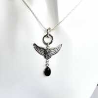 Hallmarked Statement Sterling Silver Owl ans Labradorite Pendant on 18" Chain