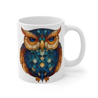 Blue Mosaic Owl Mug | Ceramic Coffee Cup, Whimsical Animal Art