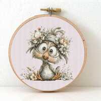Cute Owl Cross Stitch Pattern, Floral Crown Bird Embroidery Design, Woodland Nursery Decor Digital D