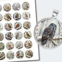 BUNDLE Round Bird Collage | Owls in the Forest Cabochons Printable Images | (1.5, 1.2, 1 inch) CABS-
