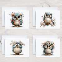 Spring Owl Note Cards Variety Pack, Owl Stationery, Spring Note Cards Assortment Pack, Funny Owl Car