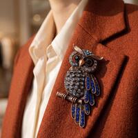 Blue Crystal Owl Brooch - Bronze Tone Bird Pin - Moonvail Vintage Style Animal Jewelry - Wisdom Symb