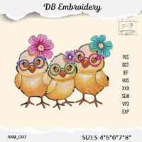 Owl Embroidery Design: Trio with Glasses & Flowers (PES DST)