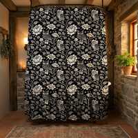 William Morris Print Owl Shower Curtain Black White Gothic Witchy Bath Decor