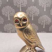 Solid Brass Owl Figurine: Vintage Woodland Decor with Orange Glass Eyes