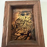 Vintage Folk Art Owl Miniature, Black Ink on Gold, Wooden Frame