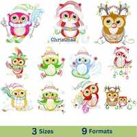 Christmas Owl Embroidery Design Set, Winter Owls Machine Embroidery - 3 Sizes