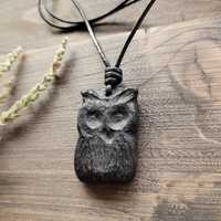 Wooden Owl Pendant Necklace, Hand-carved Irish Bog Oak Wood, Leather Cord