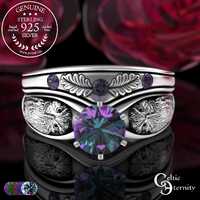 Matching Alexandrite Owl Bridal Engagement Ring & Accent Wedding Band Set, Sterling Hoot Owl Bri