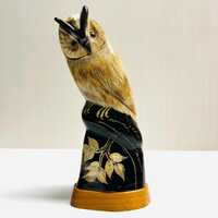 Vintage Owl Carved Buffalo Horn Figurine Woodland Animal Thailand Folk Art