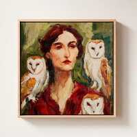 Woman Portrait with Owls Oil Painting Canvas Large Original Folk Art Bird Wall Art by ArtSenya