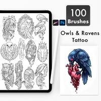 Owl and Raven Gothic Tattoo Brushes for Procreate & Photoshop | Fantasy Birds Horror Stamp Set
