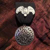 The Owl and the Gothic Medallion: Sacred Wisdom Medal / Brooch - Wide-Winged Silver Owl and Silver-T