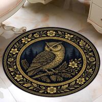 Midnight Owl Round Rug: Gothic Forest Carpet, Floral Border, Gold Black, Nature Decor Bedroom