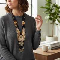 Black Night Owl Beaded Gerdan Necklace, Gold Black Long Boho Statement Necklace, Handmade Ethnic Bea