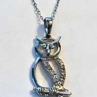 STERLING Silver DIAMOND Owl sparkling pendant necklace