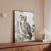 Great Horned Owl Mixed Media Fine Art Print, Abstract Bird Wall Art for Living Room, Rustic Nature D