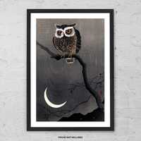 Long Eared Owl on Bare Tree Branch by Ohara Koson - Art Print - Vintage Japanese Woodblock Poster - 