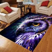 Mystical Owl Eye Area Rug: Purple Neon Bird Carpet, Machine-Washable Non-Slip