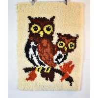 Vintage 1970s Finished Owl Pair Latch Hook Rug - Yellow and Brown