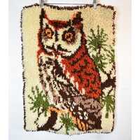 Vintage 1970s Finished Malina Owl Latch Hook Rug / Wall Hanging - Yellow and Brown