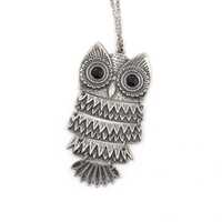 Vintage Silver Tone Articulated Owl Pendant Necklace - Bevel Cut Black Glass Eyes - 28" Chain