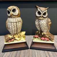 Vintage Homco Porcelain Owl Figurines - Set of 2 Great Horned and Barn Owl Statues  Mid-Century Mode