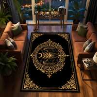 Gothic Owl Moon Rug, Dark Academia Baroque Frame Design, Gold Black Victorian Ornamental Carpet, Mys