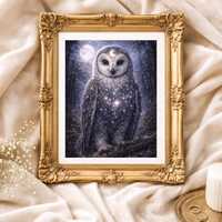 Celestial Owl Wall Art &ndash; Mystical Moon & Stars Illustration &ndash; Enchanted Night Forest