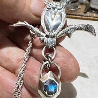 Sterling Silver Owl Pendant with Faceted Blue Moonstone, 18-inch Chain