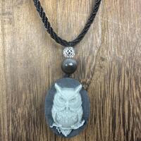 Tai Chi Stone Owl Pendant Necklace, Black Adjustable Rope