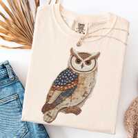 Earthy Owl Comfort Colors Tshirt Faux Patchwork Applique Japanese Rustic Wabi Sabi Nature Bird Boho 