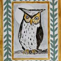 Folk Owl Painting with Gold Metallic Border