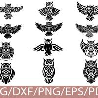 Owl SVG Silhouette Bundle Tribal Owl Clipart Set