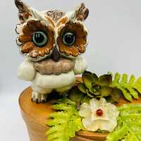 vintage Kay Finch Ceramic 6&rdquo; Owl figurine Grey Brown Aqua eyes