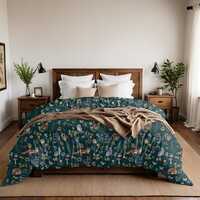 WHIMSICAL WOODLAND Cotton Duvet Cover with Fox Deer Hare Squirrel Owl flowers & foliage design, 