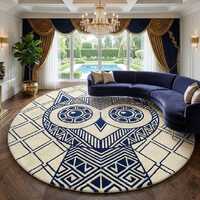 Handmade Owl Tufted Rug, Round Navy Blue Cream Area Rug, Geometric Modern Living Room Carpet, Custom
