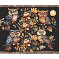 Owls on Branch Pattern Blanket | Nighttime Floral Tapestry Throw