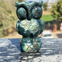 Labradorite Owl Carving, Natural Stone Sculpture, Bird Decor