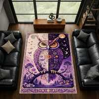 Mystic Owl Area Rug, Night and Day Fantasy Carpet, Purple Boho Living Room Rug