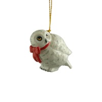 Northern Rose White Owl Snowy with Red Bow - Handmade Tree Decor Decorative Figurine Christmas Ornam