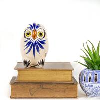 Mexican Tonala Pottery Owl Blue White Green Floral Hand Painted Folk Art Bird Figurine