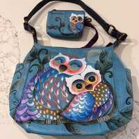 Anuschka Hand-Painted Leather Owl Shoulder Bag with Matching Wallet &ndash; Teal Artisan Designer Ha