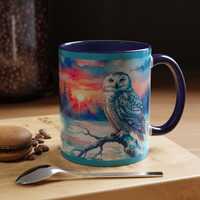 Snowy Owl Mug, Winter Forest Accent Coffee Mug in 11oz/15oz Sizes