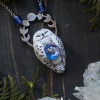 Hand-sculpted Snowy Owl Pendant Necklace, Galaxy Glass Cabochon, Woodland Fantasy Jewelry