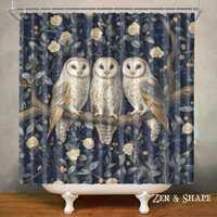 Owl Forest Waterproof Shower Curtain, Bird Floral Bathroom Decor, Polyester Fabric, Machine Washable